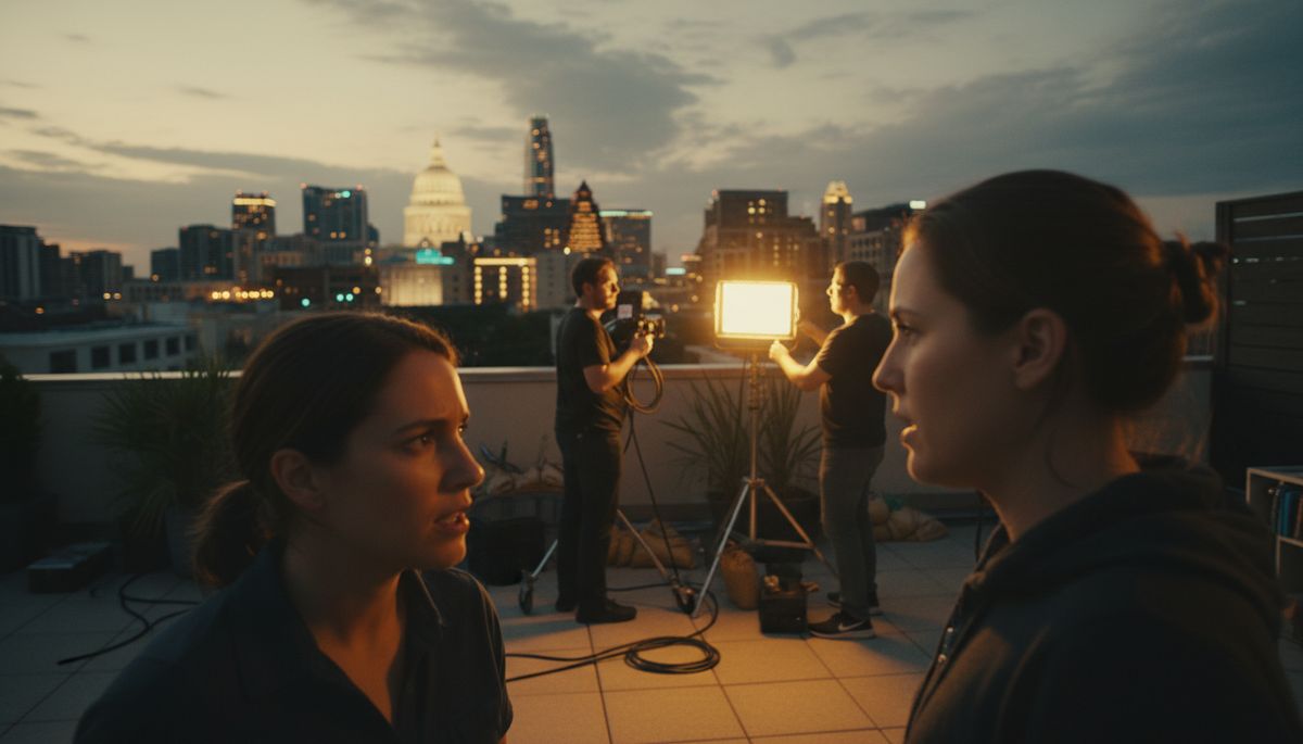 Wide angle view of a film crew setting up lighting equipment on an outdoor Austin rooftop