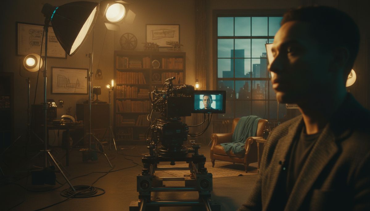 Wide angle view of a cinematic film set with lighting and camera equipment
