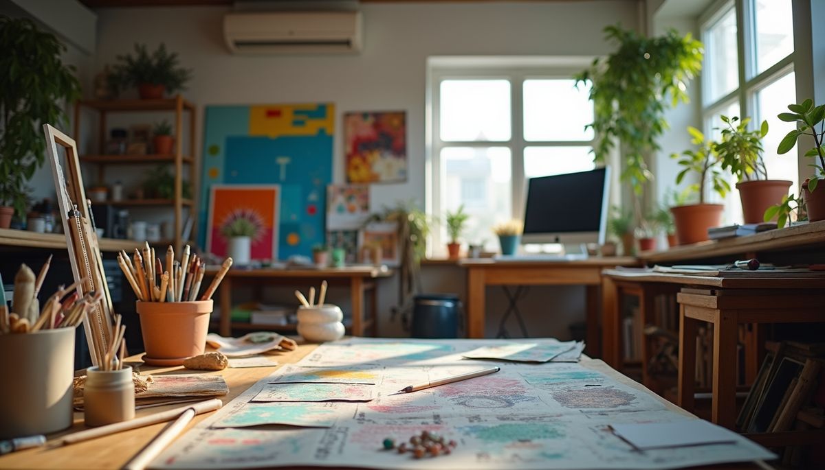 Wide angle view of an artist's studio filled with creative materials