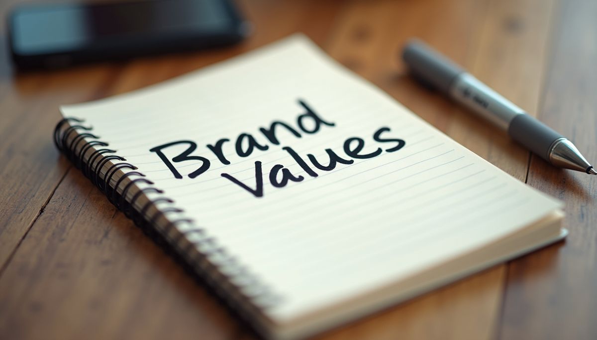 Close-up view of a notebook with handwritten brand values and ideas