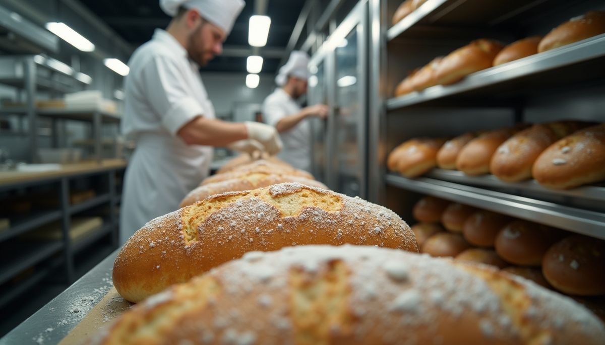 High angle view of a bakery's kitchen during production